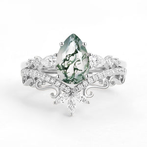 Signature Vintage Pear Moss Agate Staccato Ring Set 2pcs
