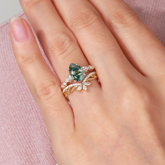 Signature Vintage Pear Moss Agate Staccato Ring Set 2pcs