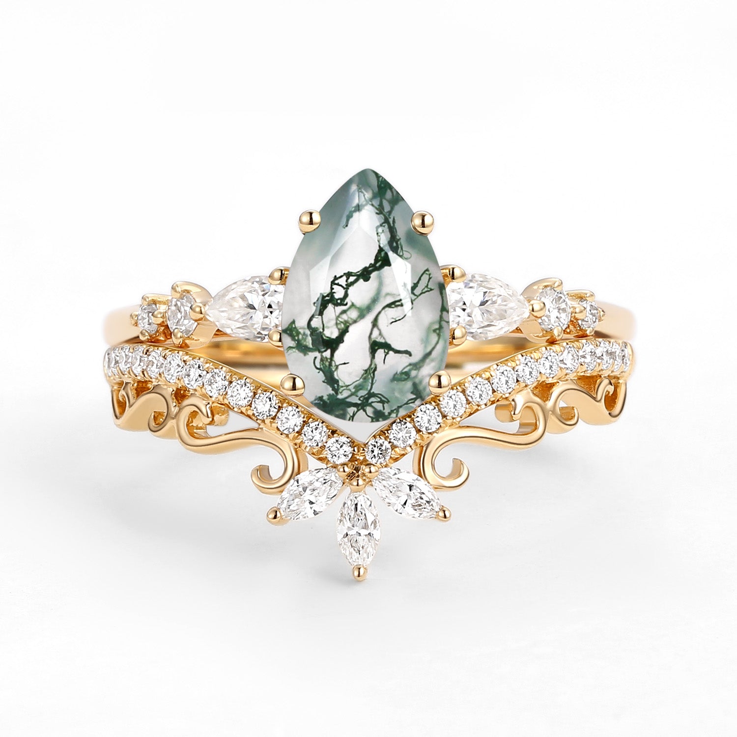 Signature Vintage Pear Moss Agate Staccato Ring Set 2pcs