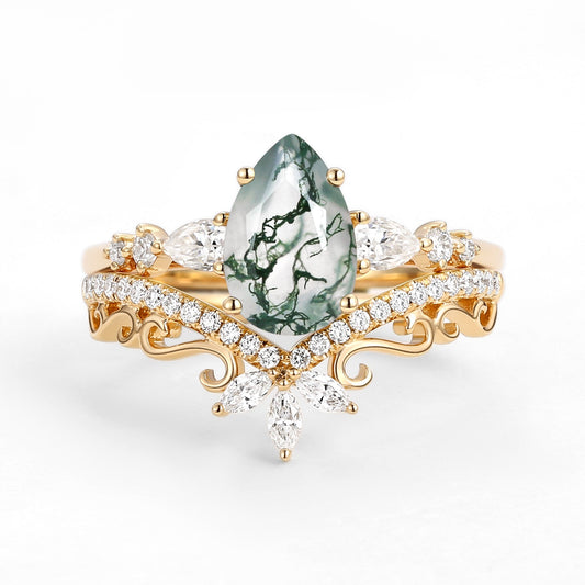 Signature Vintage Pear Moss Agate Staccato Ring Set 2pcs