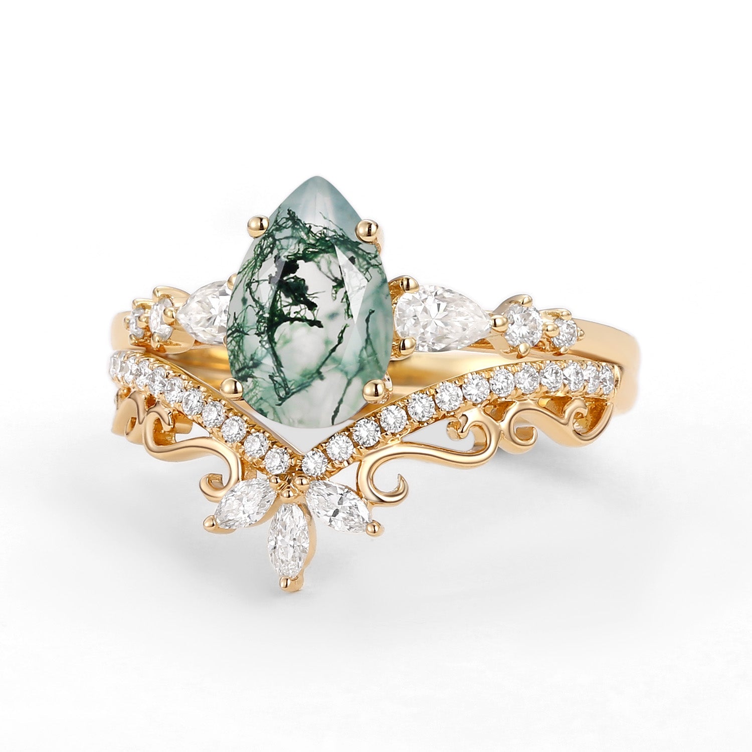 Signature Vintage Pear Moss Agate Staccato Ring Set 2pcs