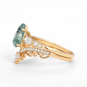 Signature Vintage Pear Moss Agate Staccato Ring Set 2pcs