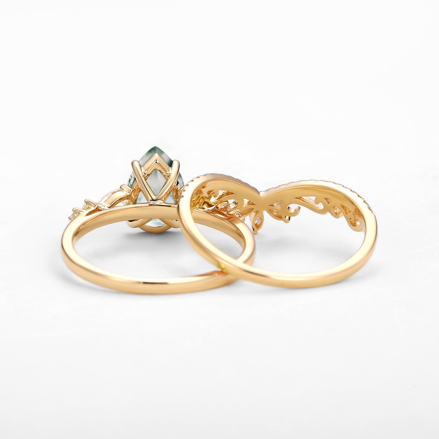 Signature Vintage Pear Moss Agate Staccato Ring Set 2pcs