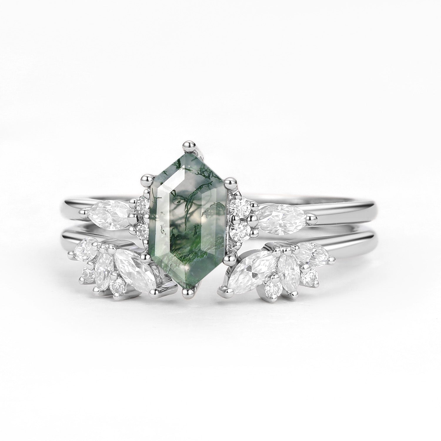 Hexagon Moss Agate Open Engagement Ring Set 2pcs