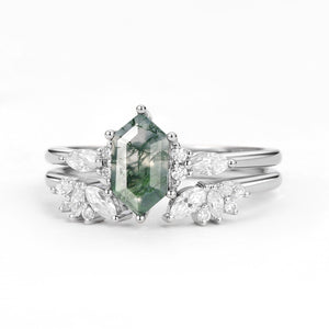 Hexagon Moss Agate Open Engagement Ring Set 2pcs