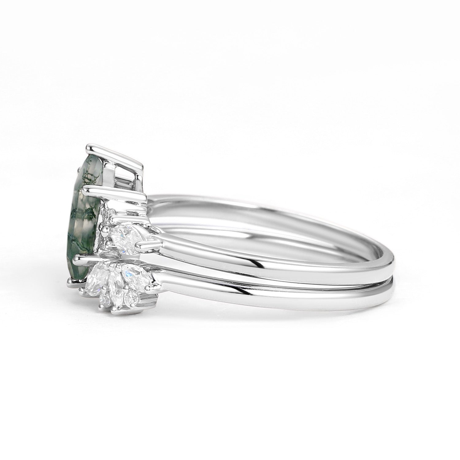 Hexagon Moss Agate Open Engagement Ring Set 2pcs