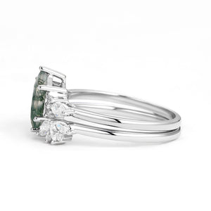 Hexagon Moss Agate Open Engagement Ring Set 2pcs