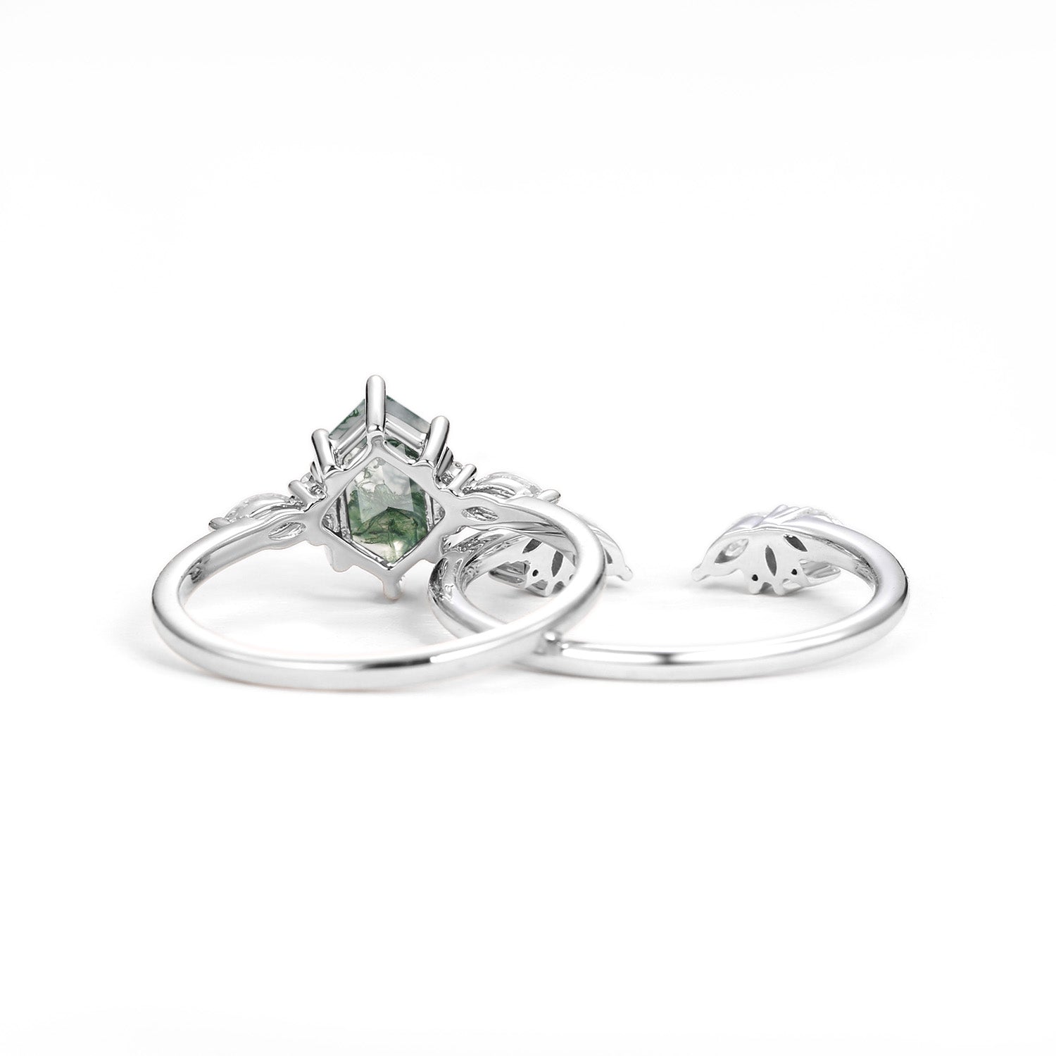 Hexagon Moss Agate Open Engagement Ring Set 2pcs