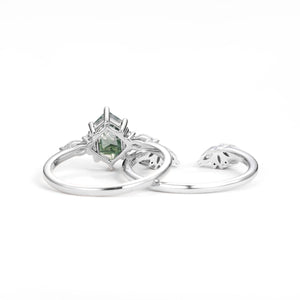 Hexagon Moss Agate Open Engagement Ring Set 2pcs