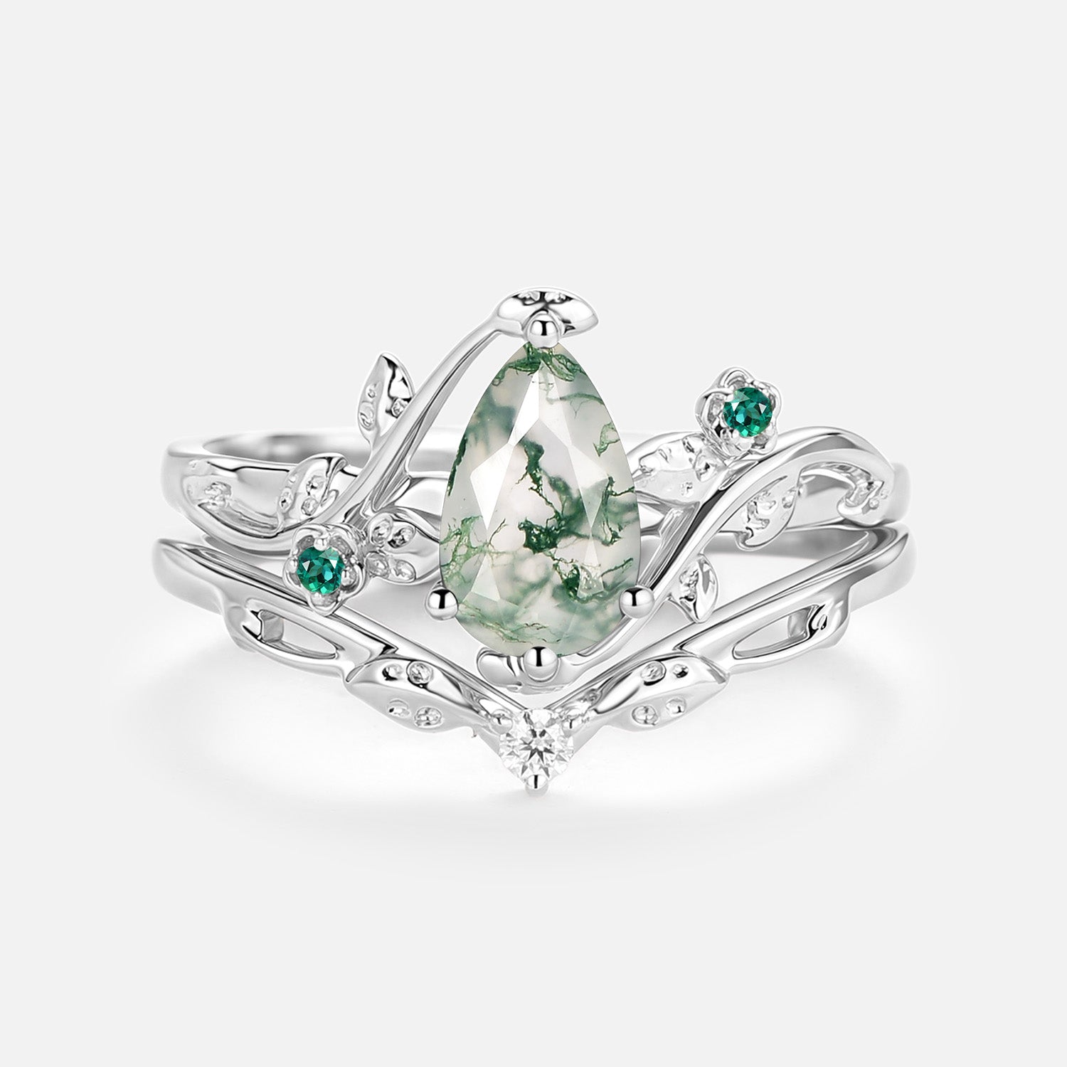 Leafy & Floral Pear Shaped Moss Agate Engagement Ring Sets 2pcs - Floret