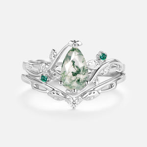 Leafy & Floral Pear Shaped Moss Agate Engagement Ring Sets 2pcs - Floret