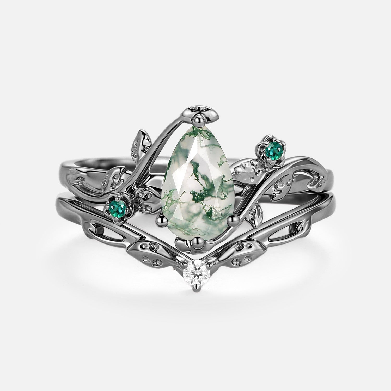 Leafy & Floral Pear Shaped Moss Agate Engagement Ring Sets 2pcs - Floret