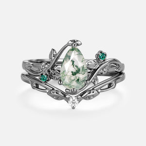 Leafy & Floral Pear Shaped Moss Agate Engagement Ring Sets 2pcs - Floret
