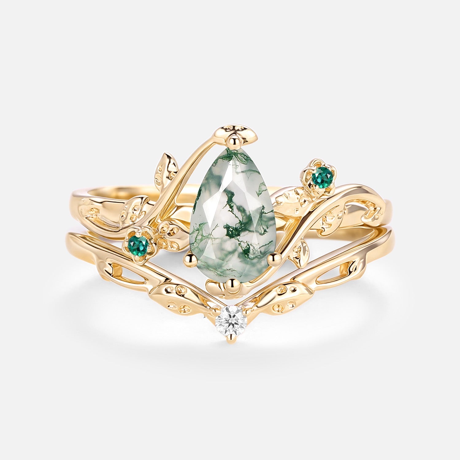 Leafy & Floral Pear Shaped Moss Agate Engagement Ring Sets 2pcs - Floret