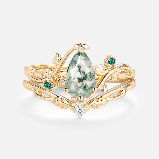 Leafy & Floral Pear Shaped Moss Agate Engagement Ring Sets 2pcs - Floret
