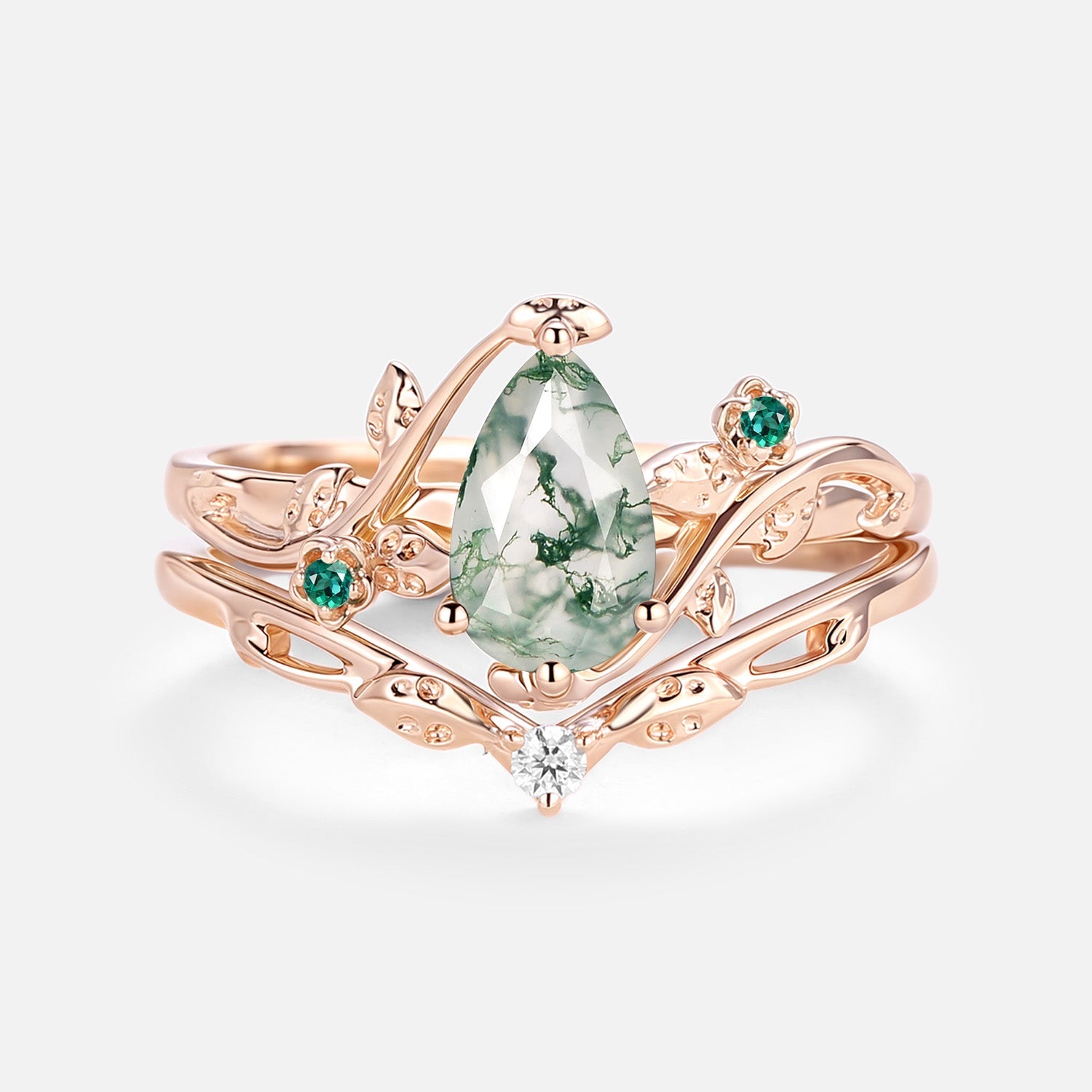 Leafy & Floral Pear Shaped Moss Agate Engagement Ring Sets 2pcs - Floret