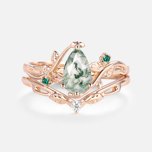 Leafy & Floral Pear Shaped Moss Agate Engagement Ring Sets 2pcs - Floret
