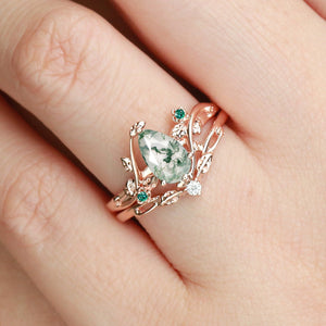 Leafy & Floral Pear Shaped Moss Agate Engagement Ring Sets 2pcs - Floret
