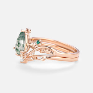 Leafy & Floral Pear Shaped Moss Agate Engagement Ring Sets 2pcs - Floret