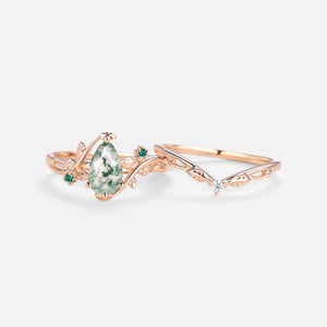 Leafy & Floral Pear Shaped Moss Agate Engagement Ring Sets 2pcs - Floret