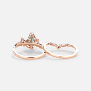 Leafy & Floral Pear Shaped Moss Agate Engagement Ring Sets 2pcs - Floret