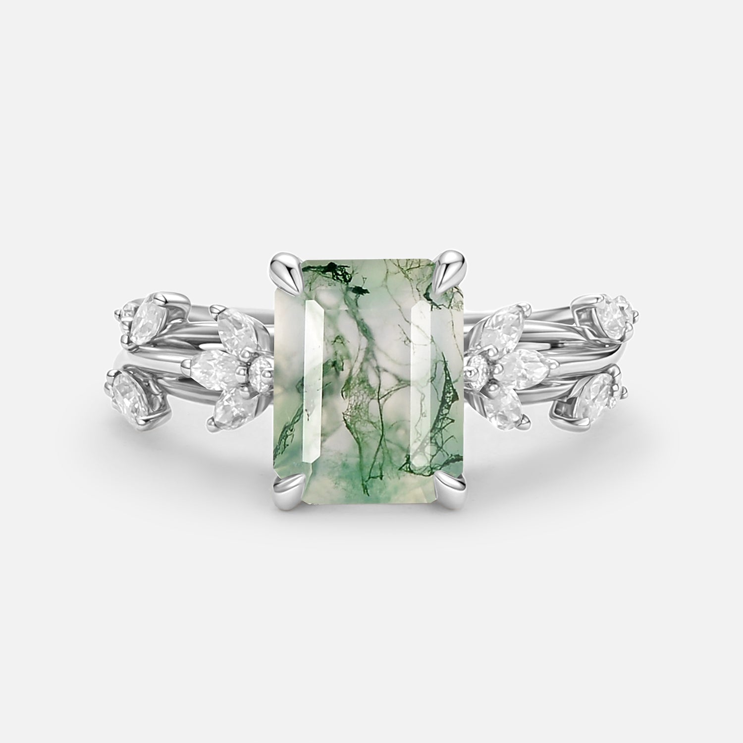 Nature Inspired Emerald Cut Moss Agate Engagement Ring