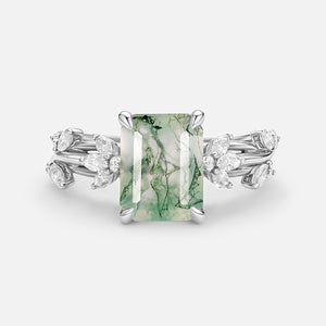 Nature Inspired Emerald Cut Moss Agate Engagement Ring
