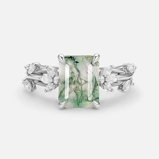 Nature Inspired Emerald Cut Moss Agate Engagement Ring