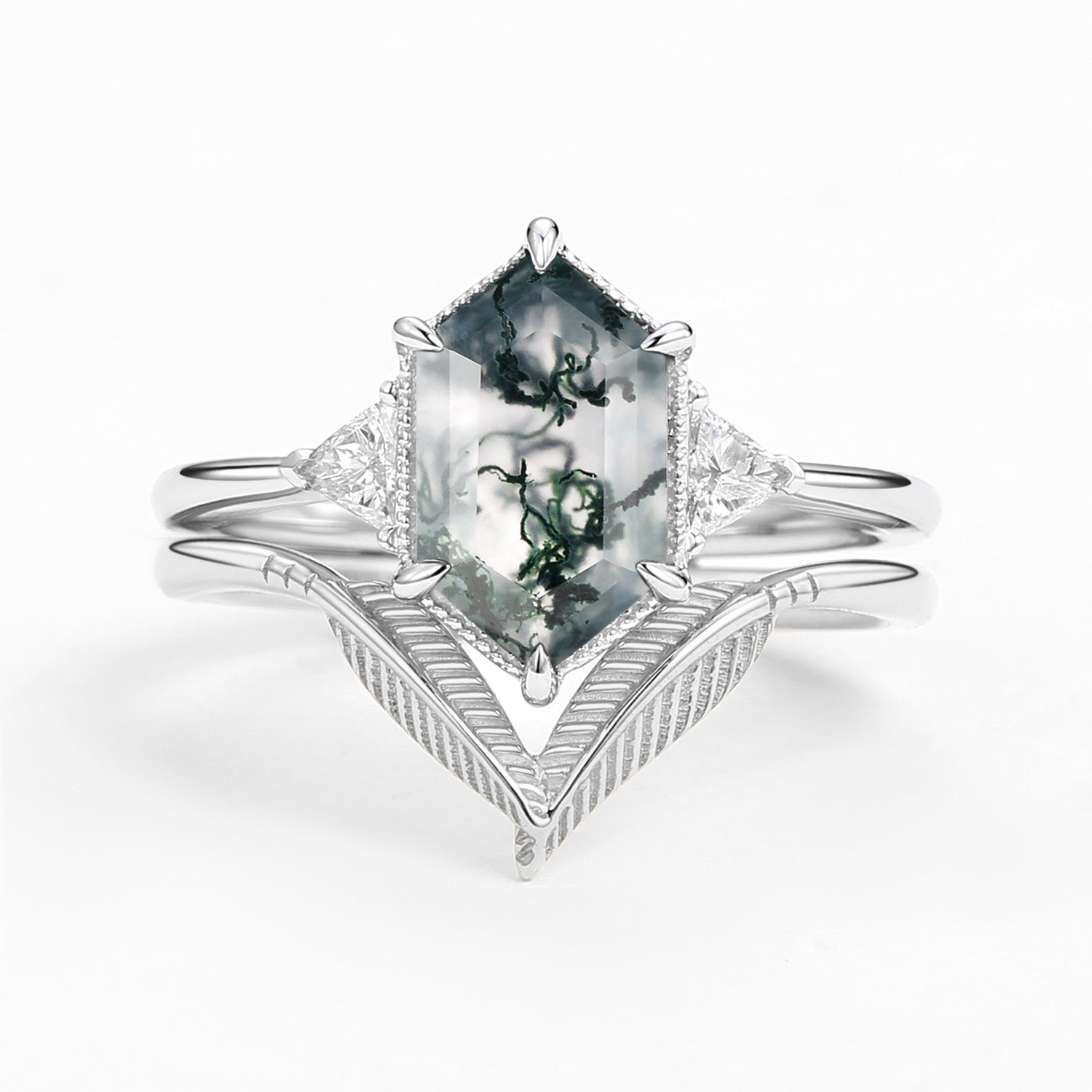 Long Hexagon Big Moss Agate Coconut Tree Leafy Ring Set 2pcs - Ariel