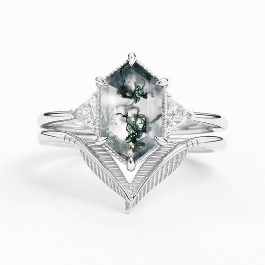 Ariel Long Hexagon Big Moss Agate Coconut Tree Leafy Ring Set 2pcs