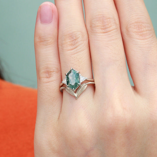 Long Hexagon Big Moss Agate Coconut Tree Leafy Ring Set 2pcs - Ariel