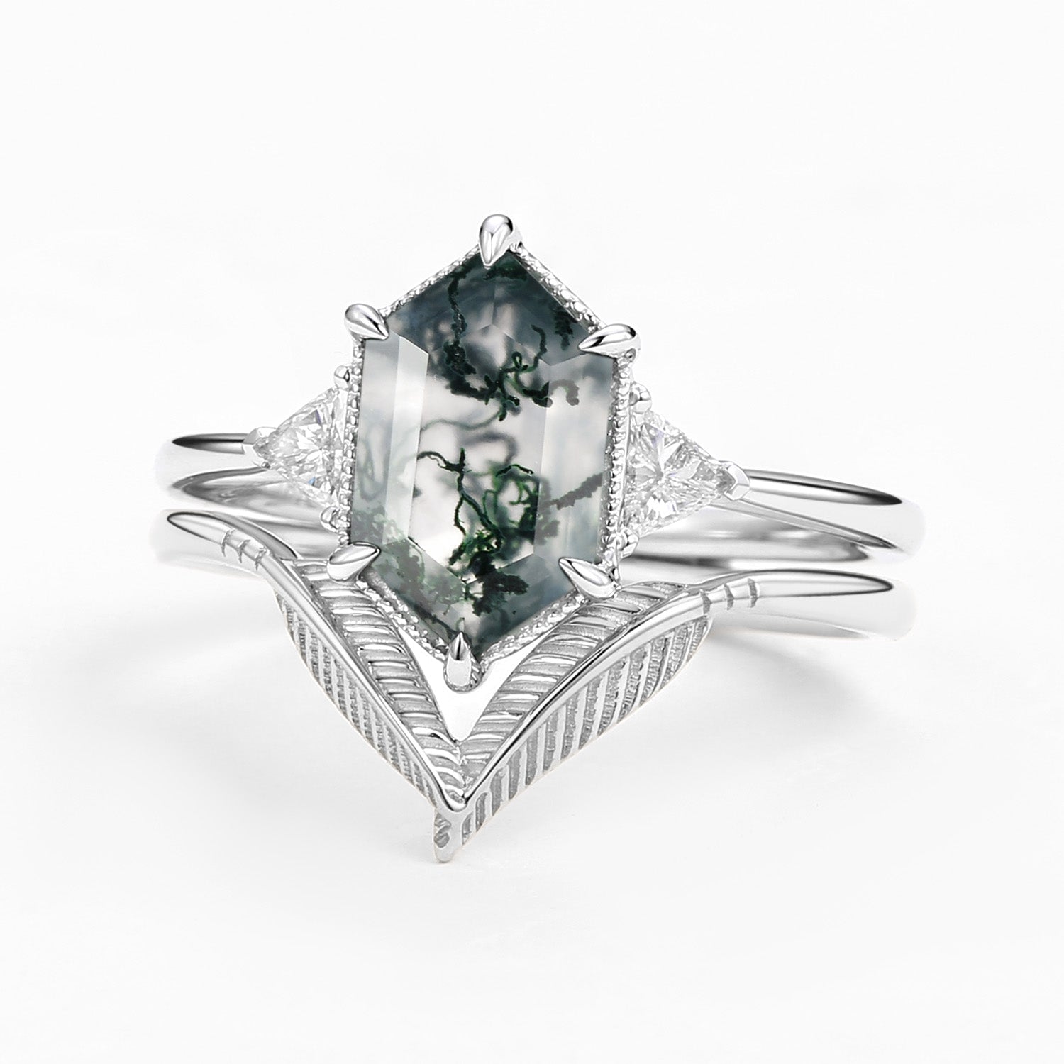 Long Hexagon Big Moss Agate Coconut Tree Leafy Ring Set 2pcs - Ariel