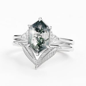 Long Hexagon Big Moss Agate Coconut Tree Leafy Ring Set 2pcs - Ariel