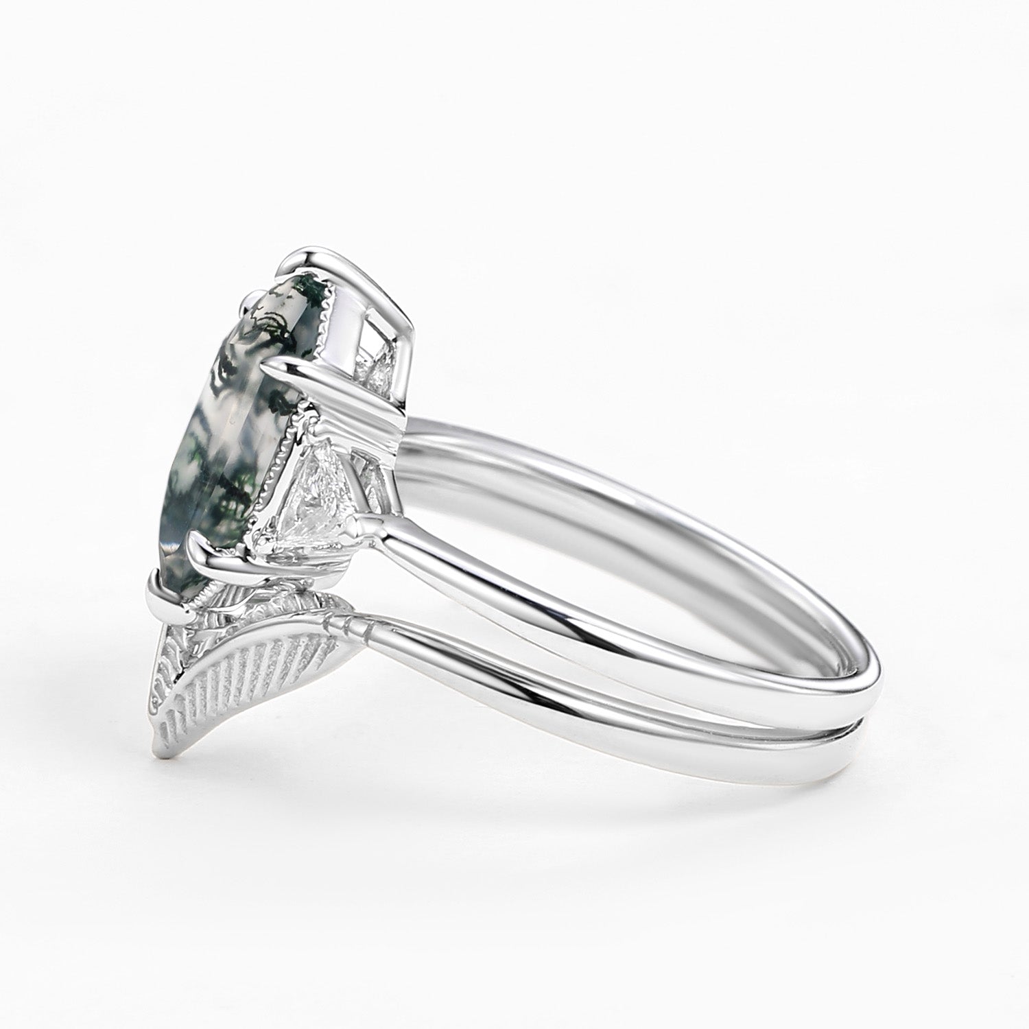 Long Hexagon Big Moss Agate Coconut Tree Leafy Ring Set 2pcs - Ariel