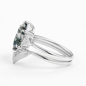 Long Hexagon Big Moss Agate Coconut Tree Leafy Ring Set 2pcs - Ariel