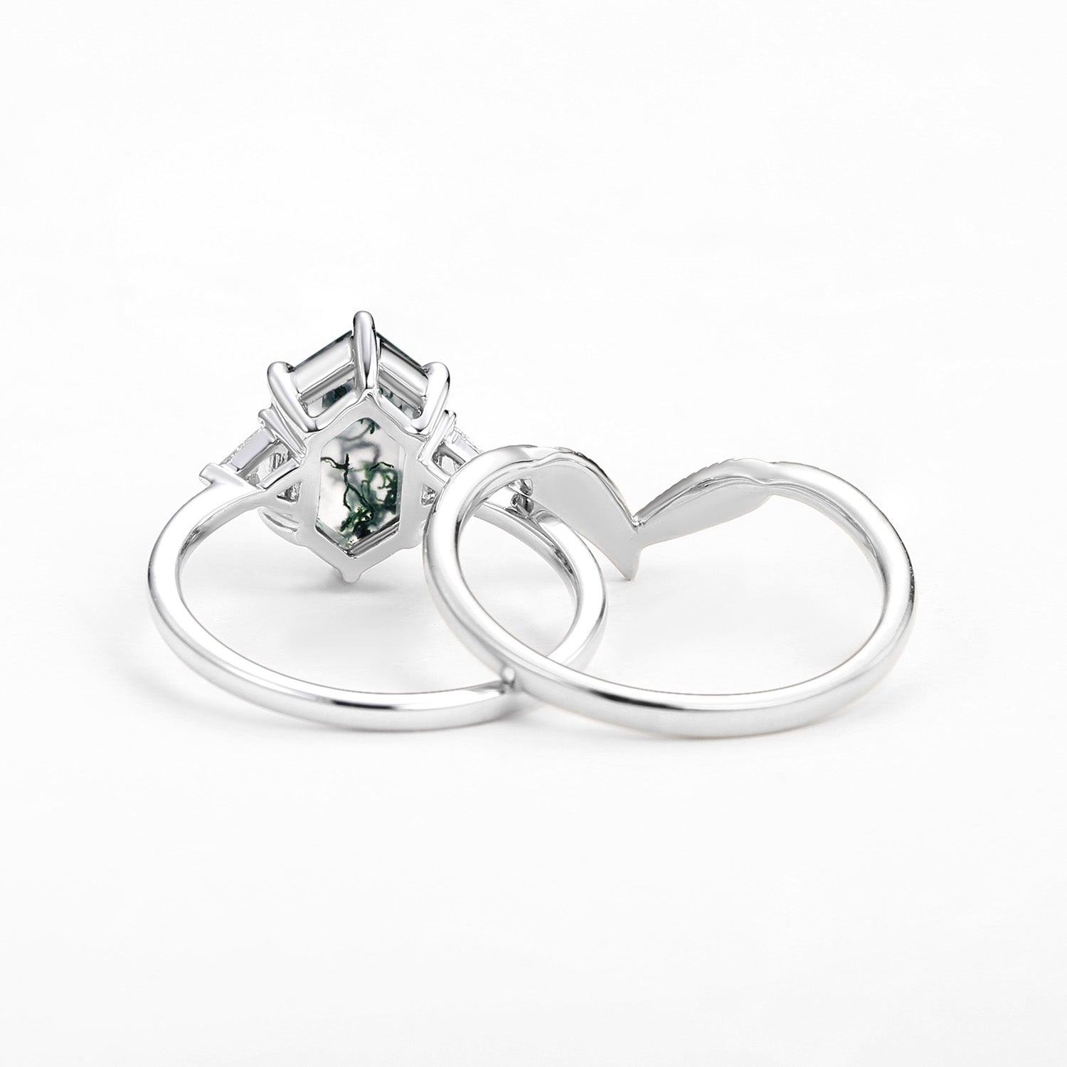 Long Hexagon Big Moss Agate Coconut Tree Leafy Ring Set 2pcs - Ariel