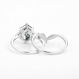 Long Hexagon Big Moss Agate Coconut Tree Leafy Ring Set 2pcs - Ariel