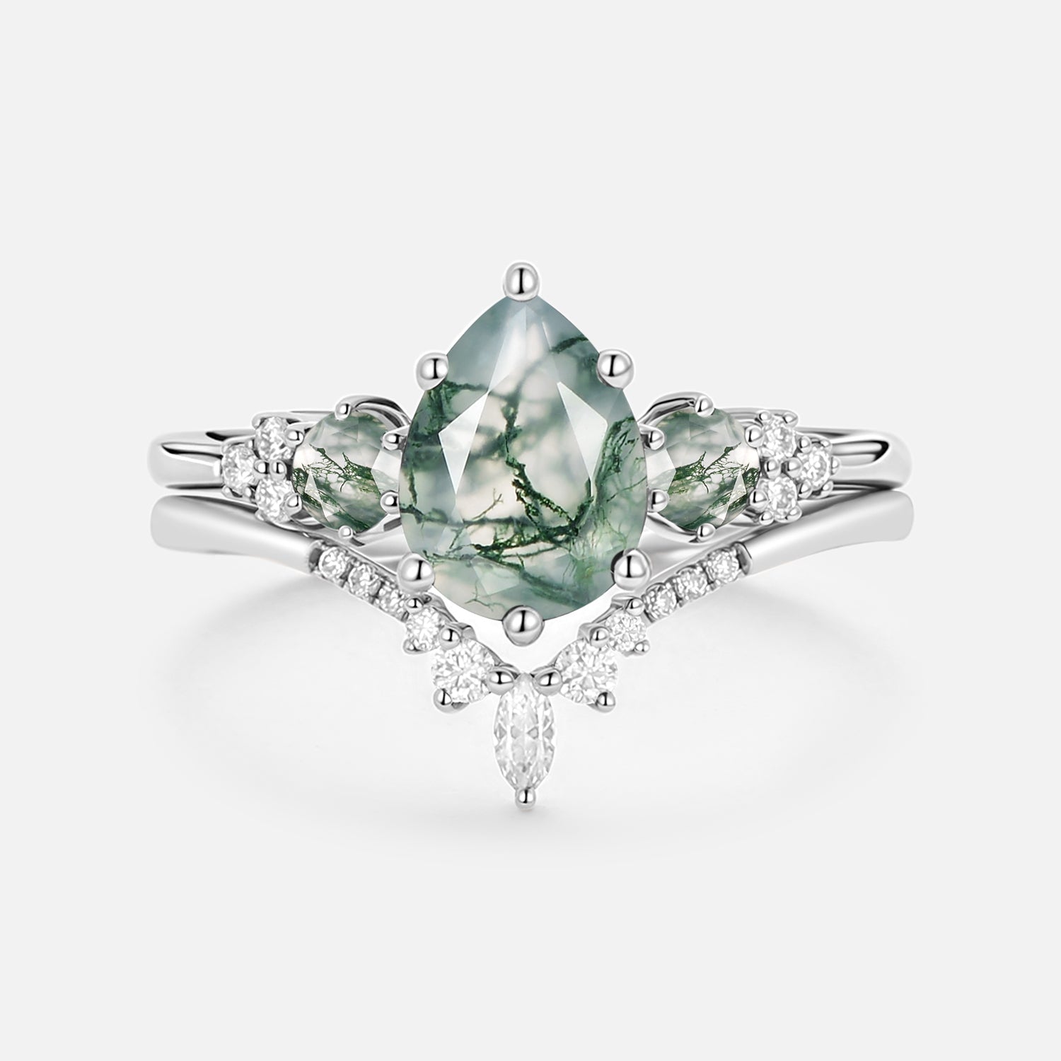 Fern Pear Shaped Alexandrite Cluster Gold Ring Set 2pcs