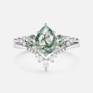 Fern Pear Shaped Alexandrite Cluster Gold Ring Set 2pcs