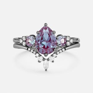 Fern Pear Shaped Alexandrite Cluster Gold Ring Set 2pcs