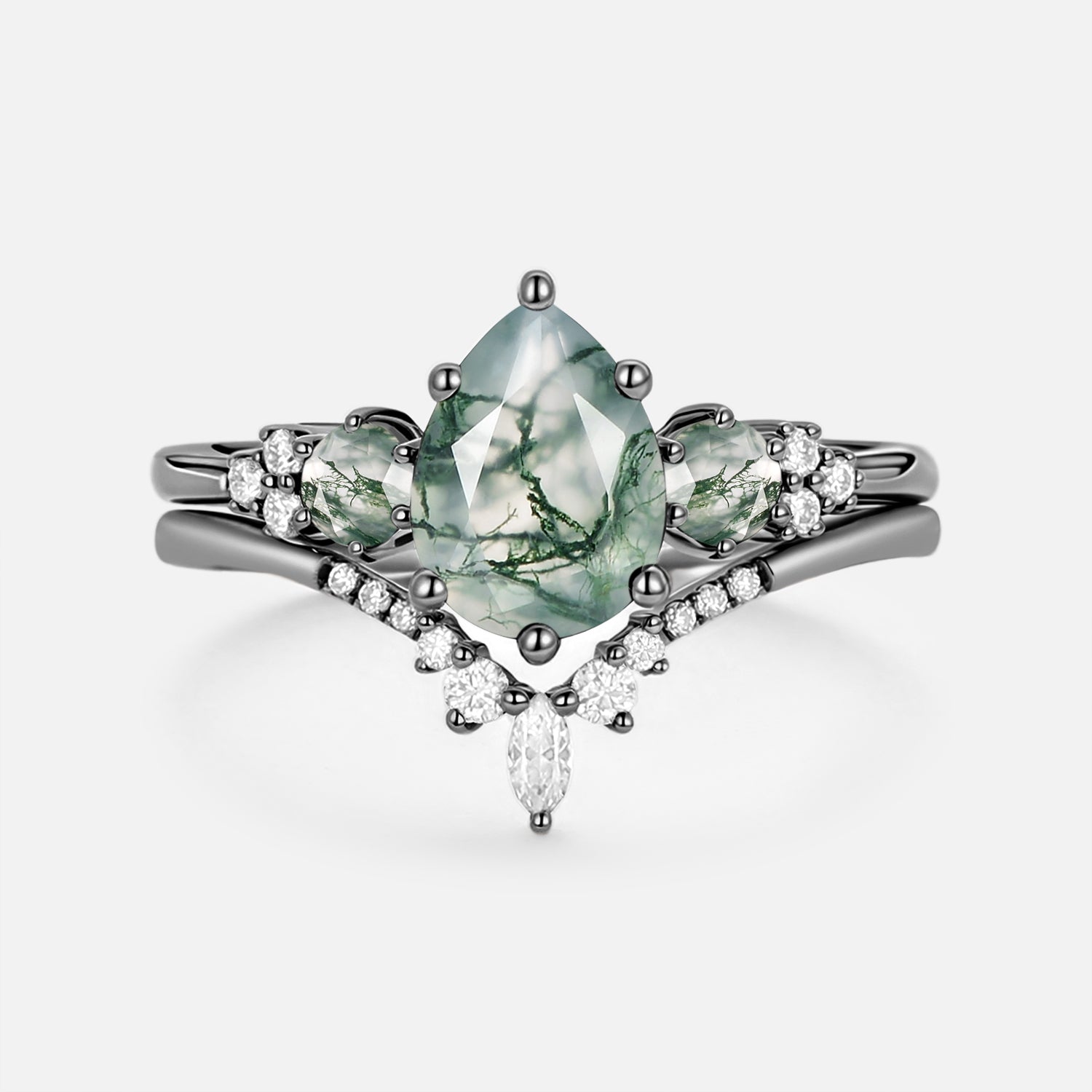 Fern Pear Shaped Alexandrite Cluster Gold Ring Set 2pcs