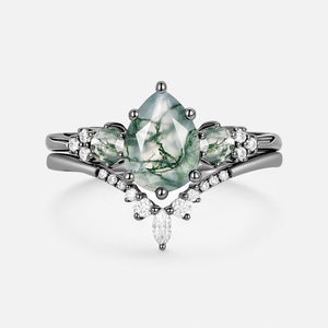 Fern Pear Shaped Alexandrite Cluster Gold Ring Set 2pcs