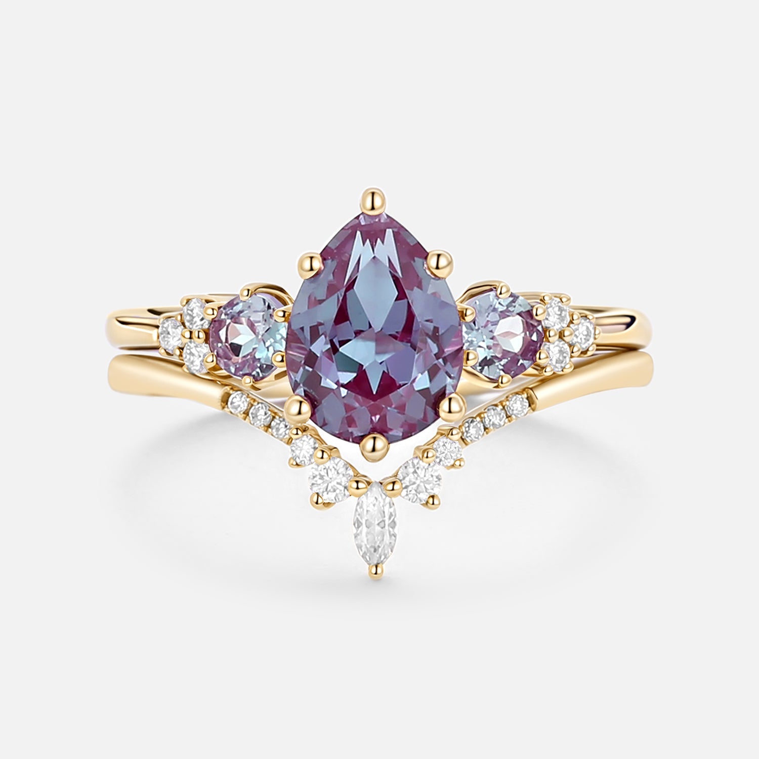 Fern Pear Shaped Alexandrite Cluster Gold Ring Set 2pcs