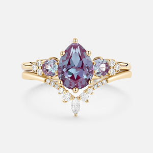 Fern Pear Shaped Alexandrite Cluster Gold Ring Set 2pcs