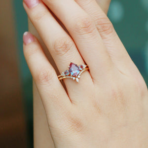 Fern Pear Shaped Alexandrite Cluster Gold Ring Set 2pcs