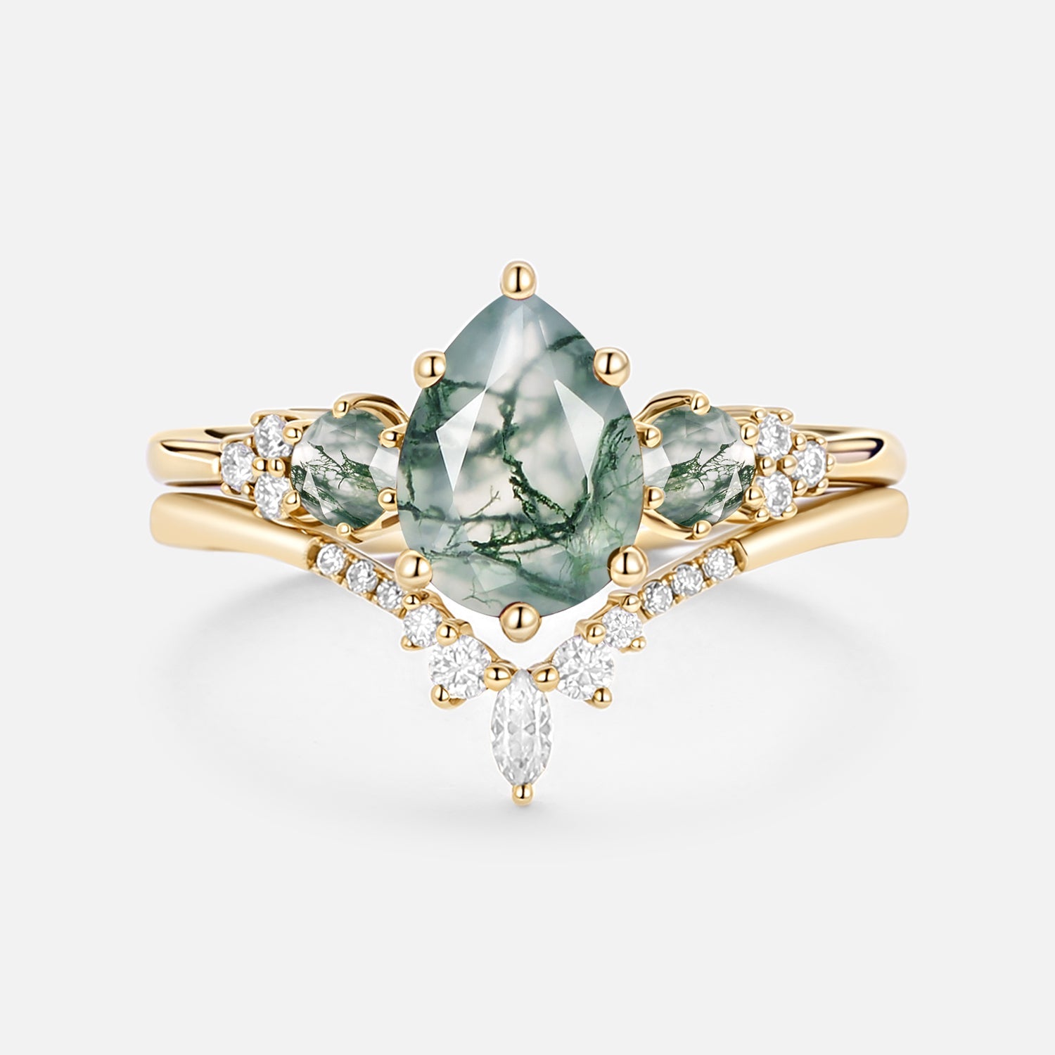 Fern Pear Shaped Alexandrite Cluster Gold Ring Set 2pcs