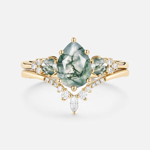 Fern Pear Shaped Alexandrite Cluster Gold Ring Set 2pcs