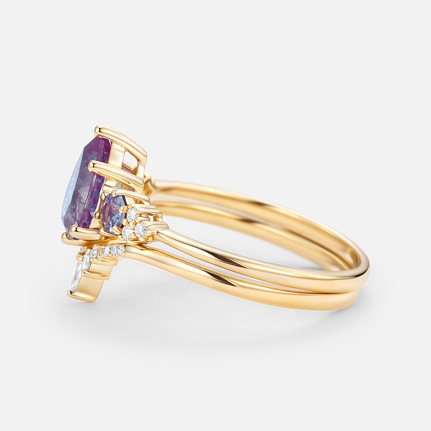 Fern Pear Shaped Alexandrite Cluster Gold Ring Set 2pcs