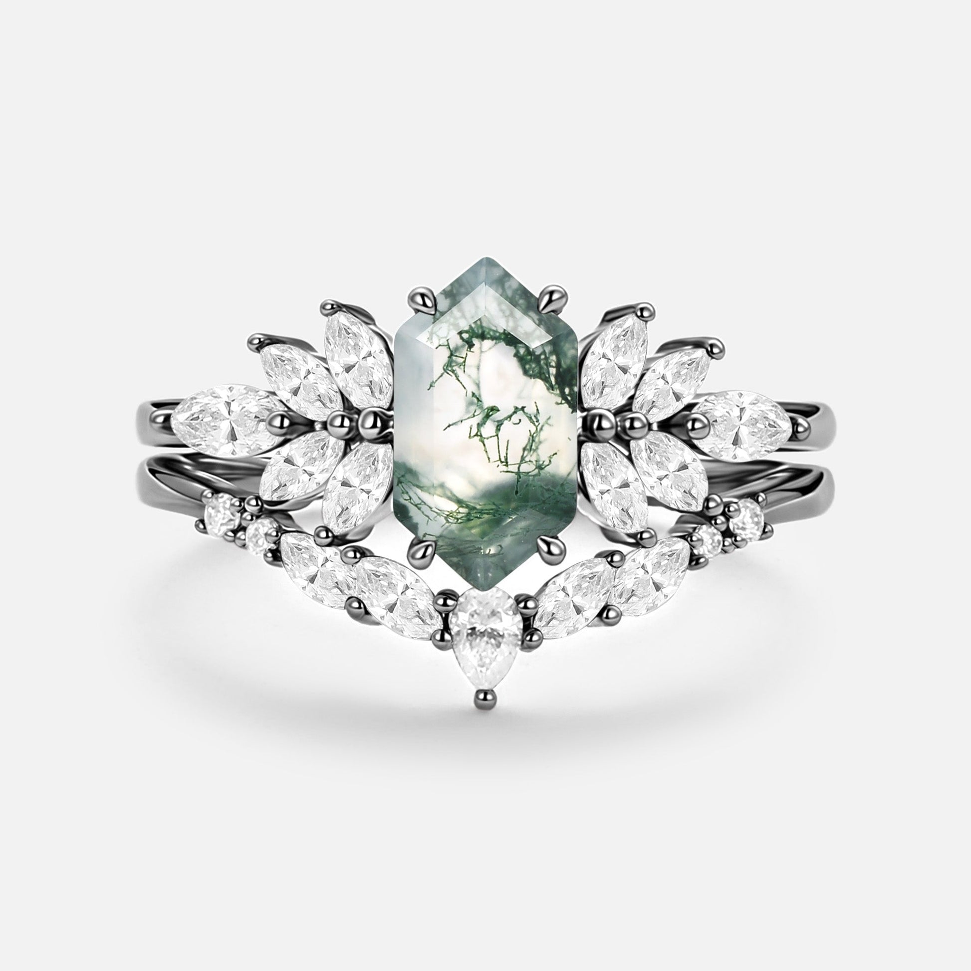 Hexagon Cut Moss Agate Vintage Ring Set 2pcs - Meadow