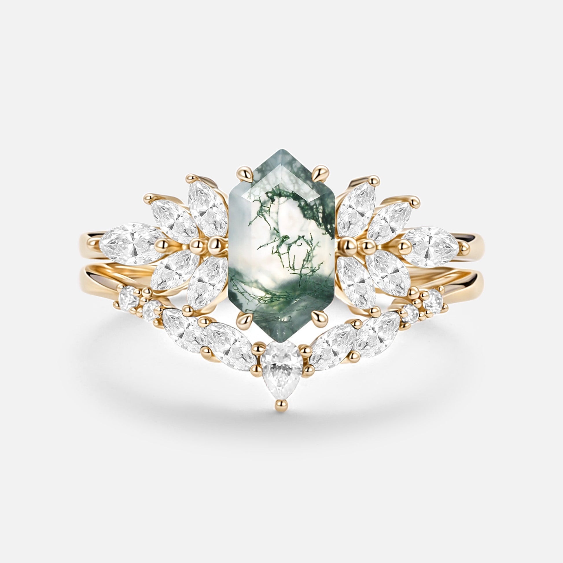 Hexagon Cut Moss Agate Vintage Ring Set 2pcs - Meadow